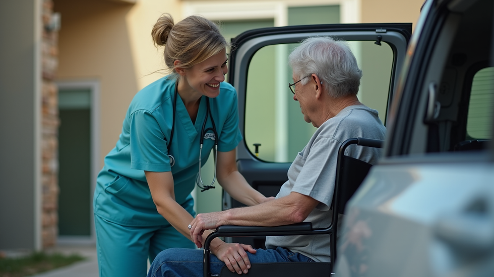 Eye-level view of a caregiver assisting a patient into a vehicle