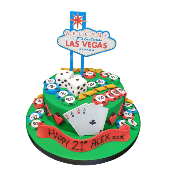 Extravagant and luxurious Las Vegas-themed cake with vibrant colours, glittering decorations, and iconic casino motifs, perfect for special occasions.
