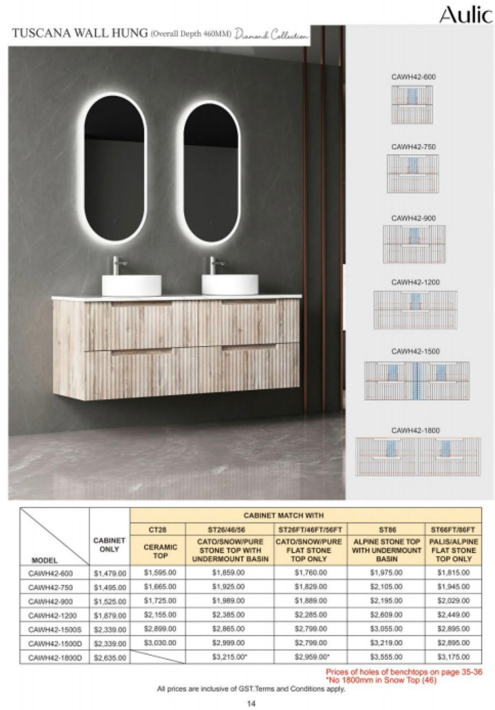 Thumbnail: Aulic Tuscana CAWH42-1800 Double Timberlook Vanity Including Stone Top #108