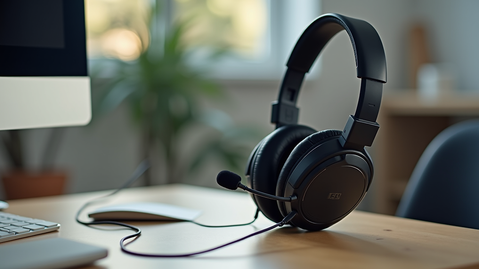 Close-up view of a headset and microphone on a desk ready for online teaching