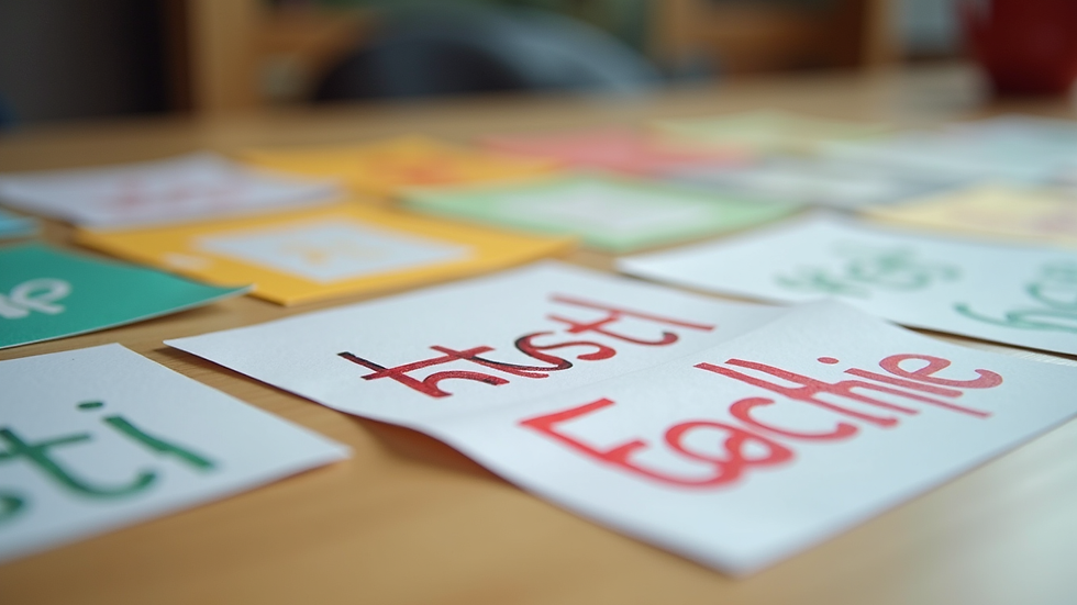 Close-up view of colourful English learning flashcards on a table