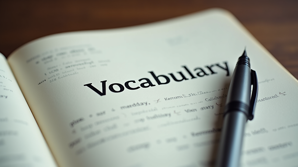 Close-up view of a notebook with English vocabulary and a pen