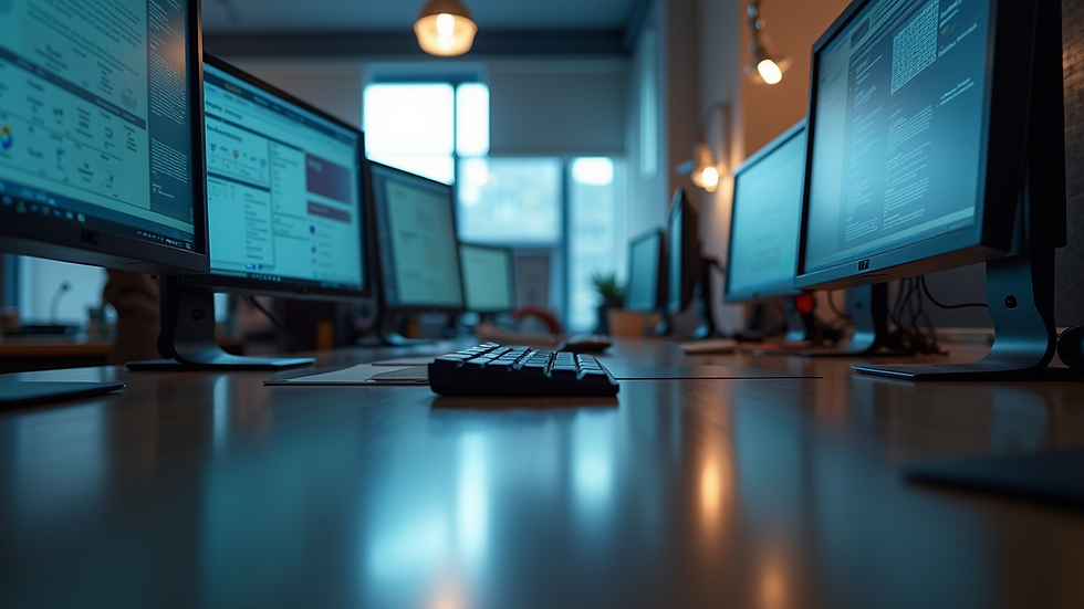 Eye-level view of a modern office workspace with multiple computer screens