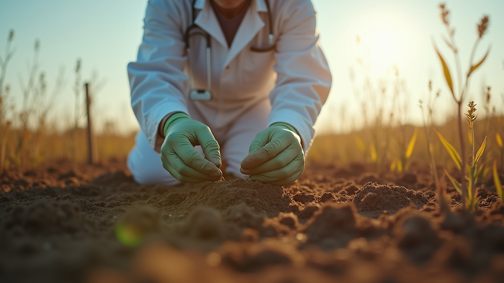 Eye-level view of a scientist collecting soil samples in a field