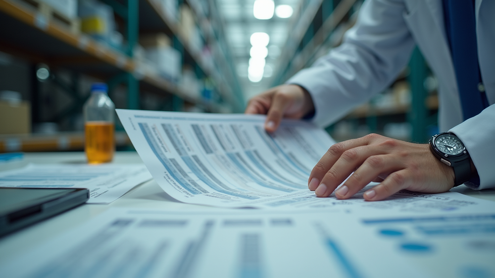 Eye-level view of a professional reviewing chemical safety documents