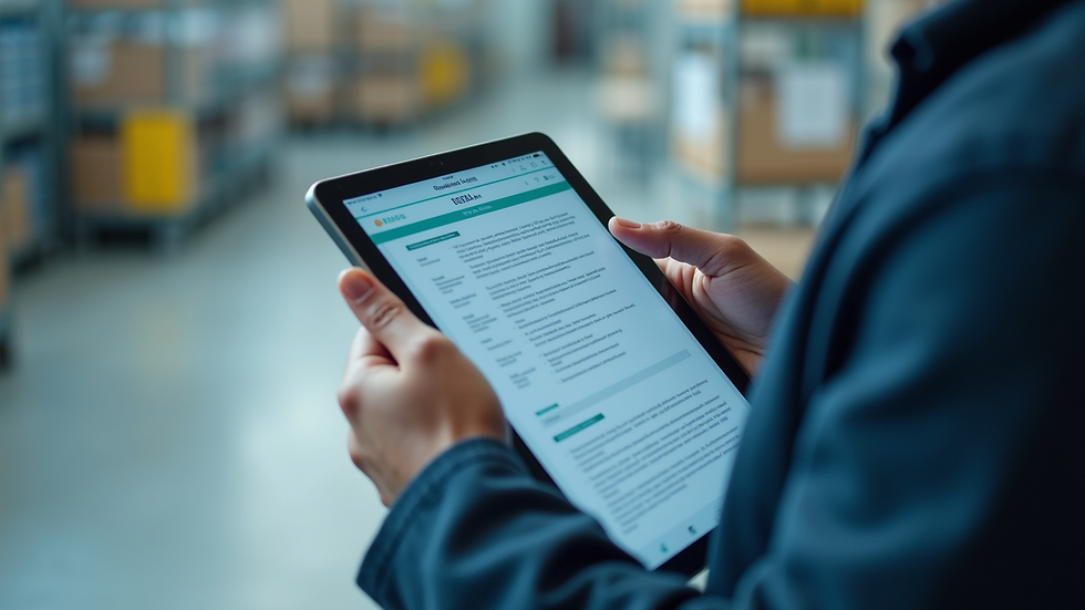 Close-up view of a person using a tablet to review chemical safety data sheets