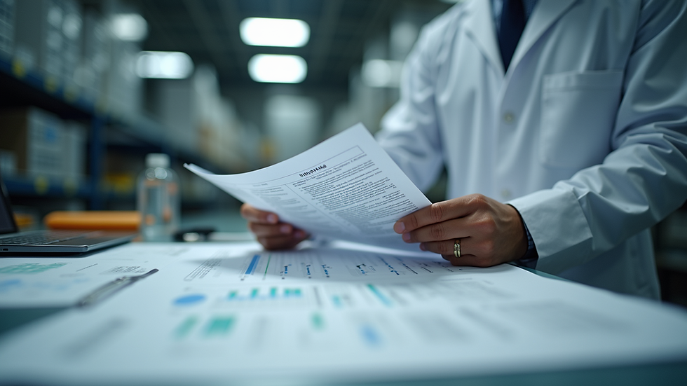 Eye-level view of a professional reviewing chemical safety documents