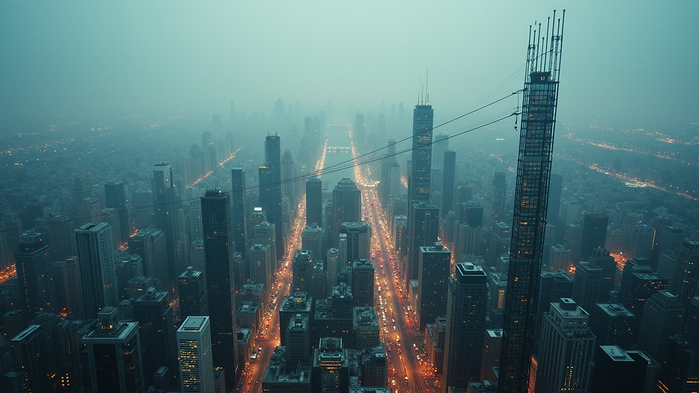 High angle view of a large city covered in cables and technology