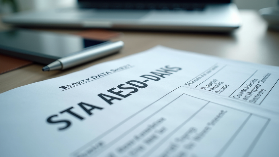Close-up view of a printed safety data sheet document on a desk