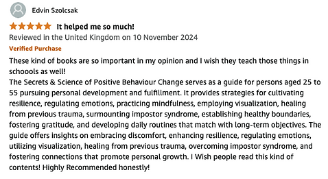 Amazon 5-star review of Jen Rieder’s book praising its practical tools for mindset and behaviour change