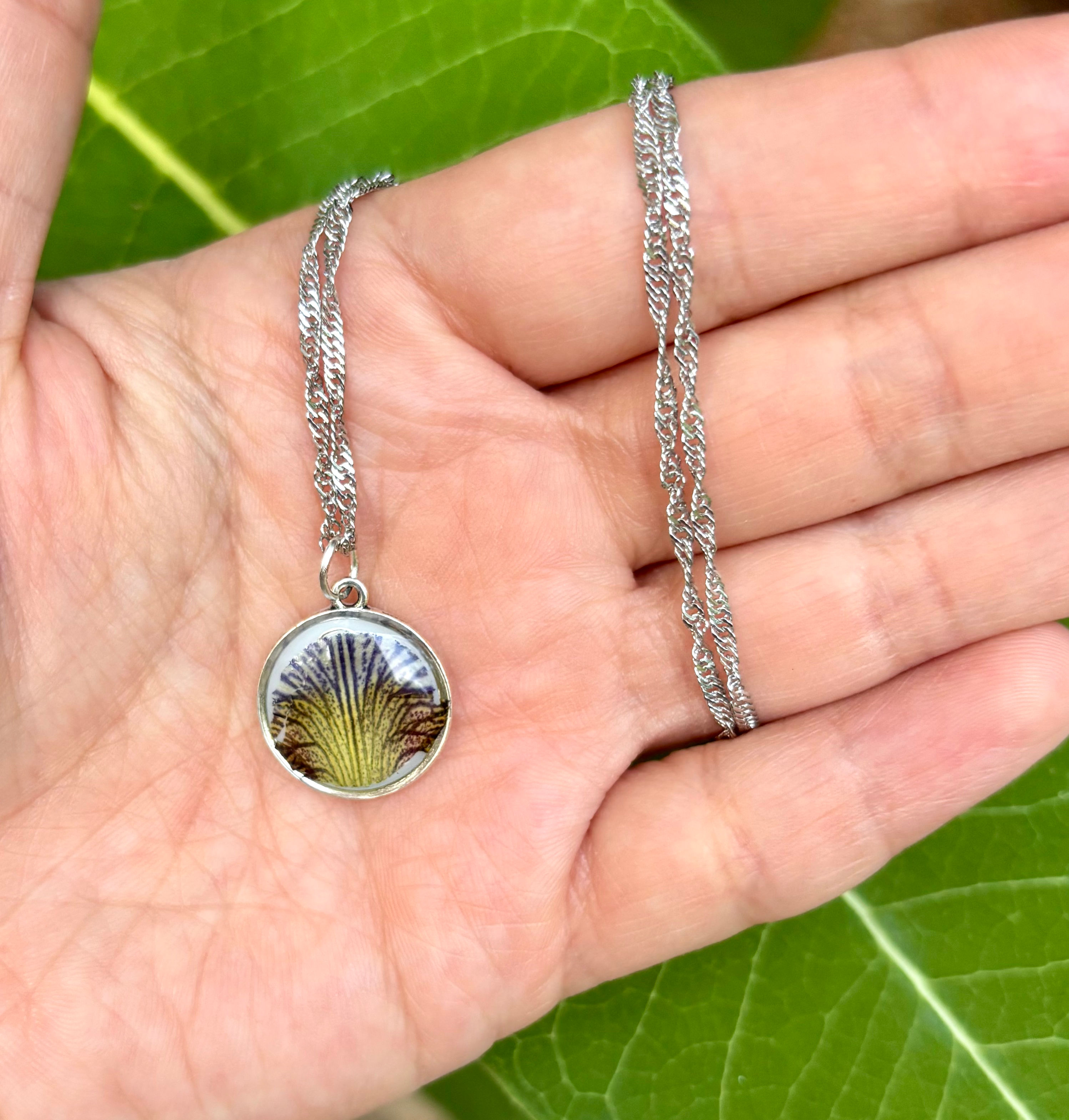 White resin pressed bearded iris necklace