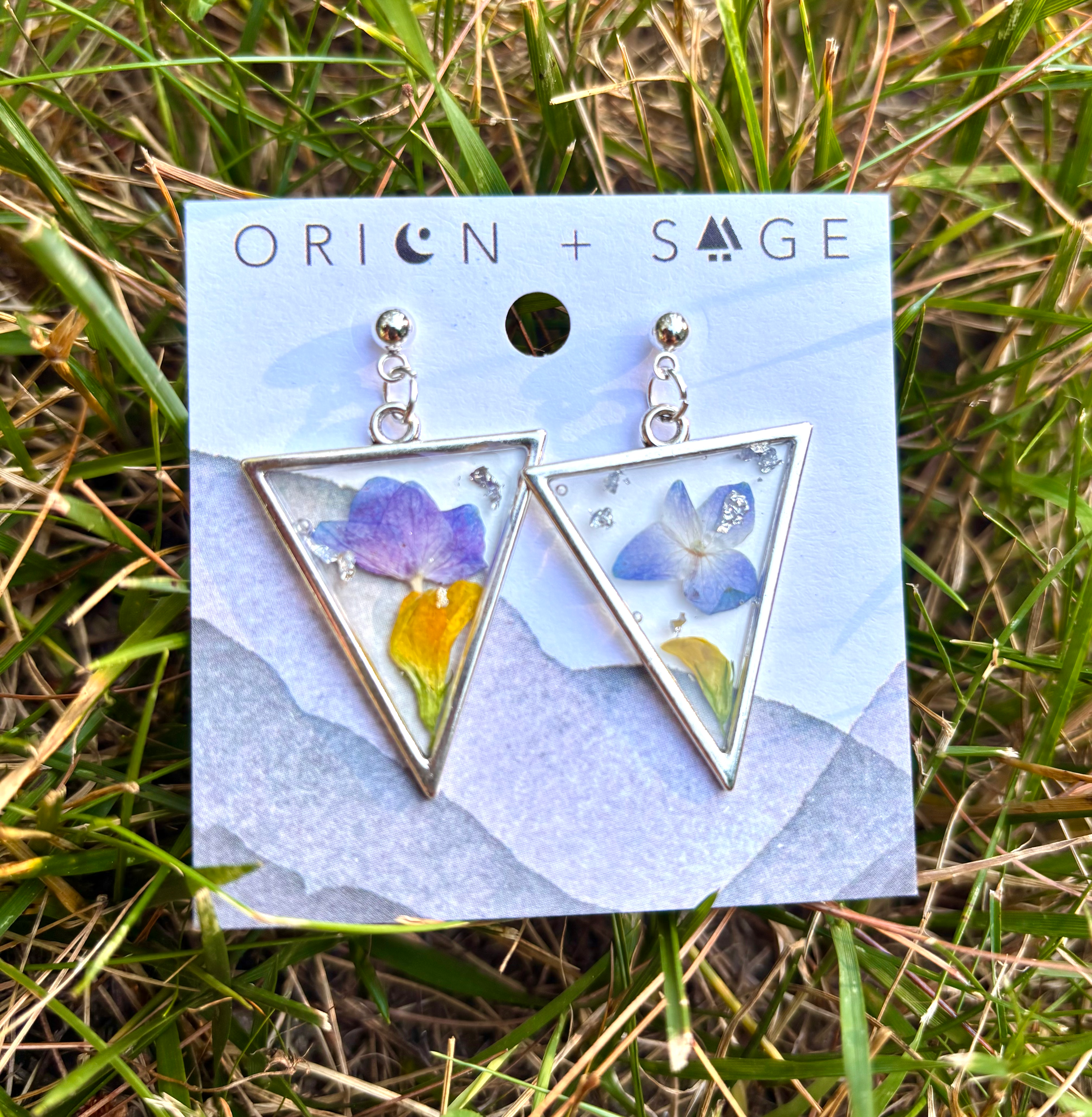 silver triangle resin pressed flower earrings