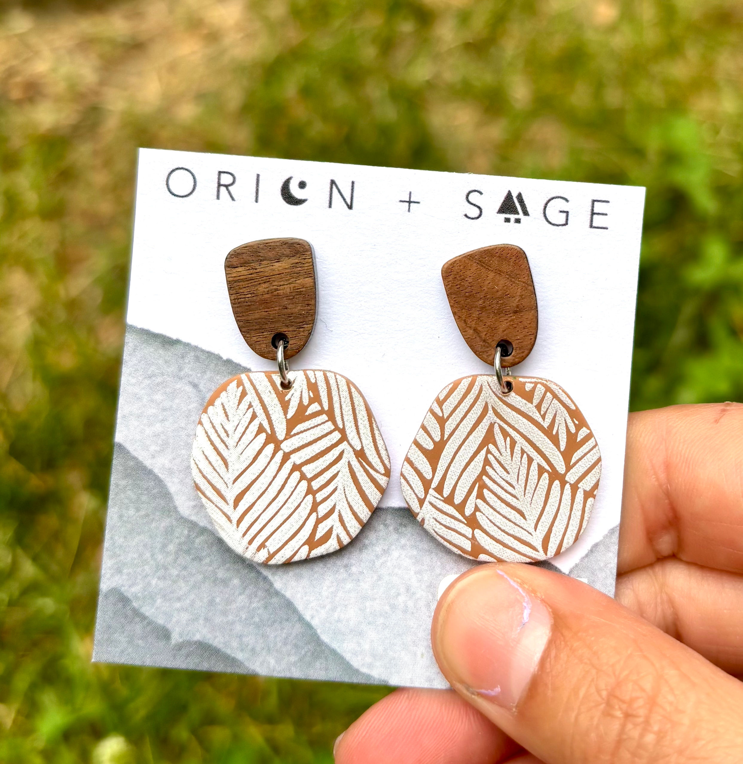 Leaves print earrings with wood studs 