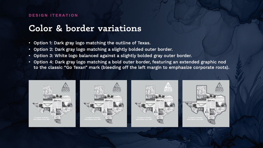 Four grayscale poster variations comparing logo colors, borders, and styling options for client review