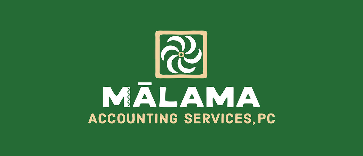 Mālama Accounting Services, PC, logo with mark in white and cream on a dark green background