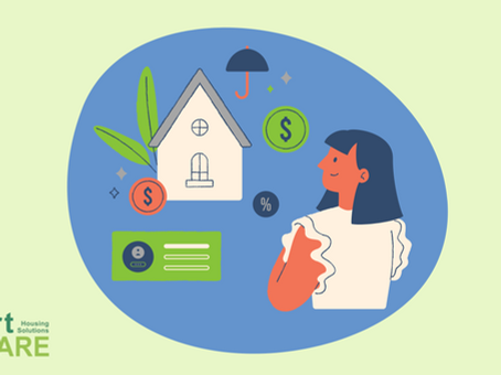 A woman looking at a home with dollar signs floating around.