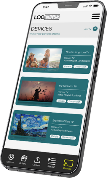 Smartphone displaying an app with device connections for different TVs and personalized playlists.