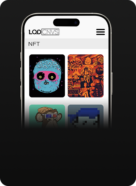 A smartphone displaying a collection of NFT artworks within an app.