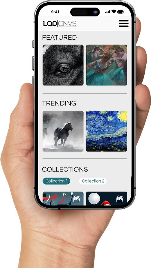 smartphone displaying an art app with featured and trending artwork sections.