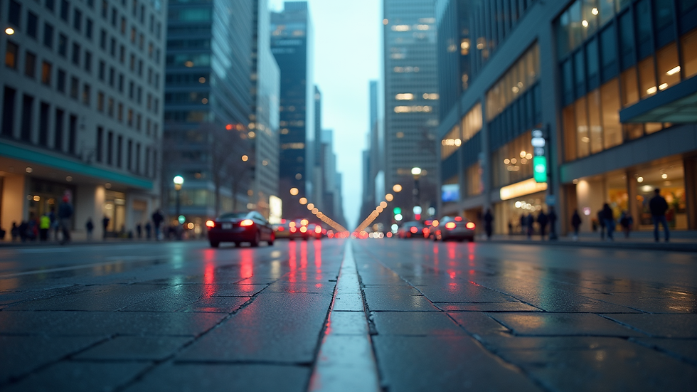 Eye-level view of a modern cityscape with digital elements