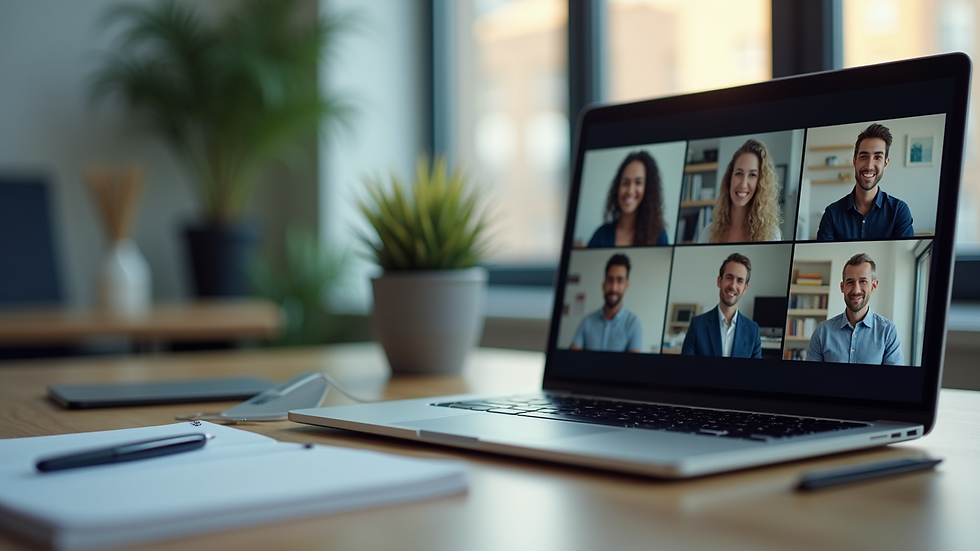 Eye-level view of a modern office desk with a laptop showing a video conference