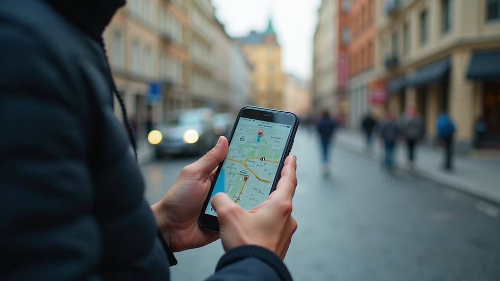 Eye-level view of a person using a smartphone with a map application