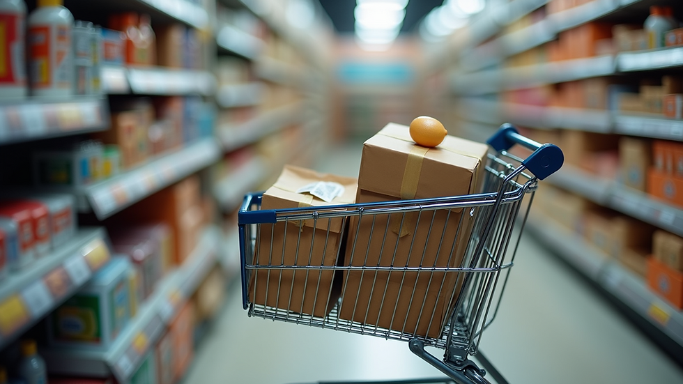 Close-up view of a shopping cart filled with items for return