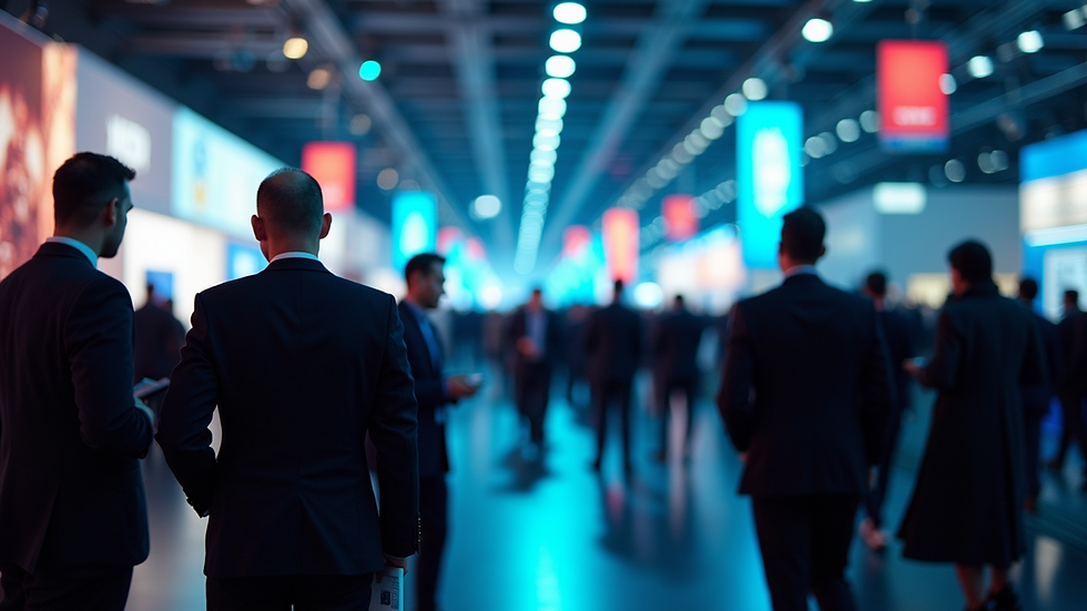 Eye-level view of a bustling international trade conference