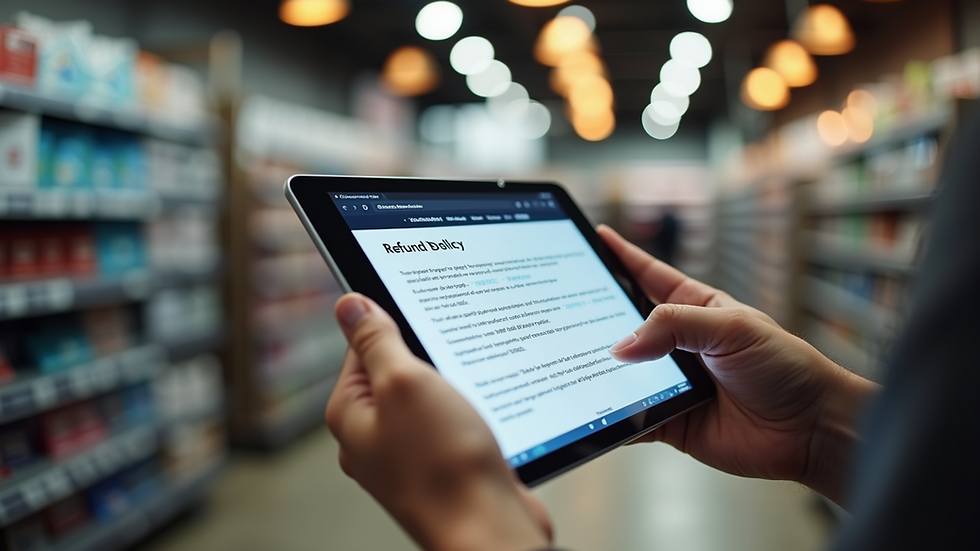 Eye-level view of a customer reading a refund policy on a store website