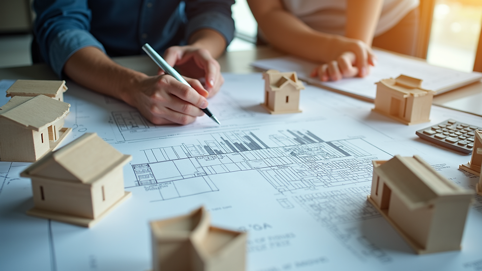 High angle view of a planning meeting with architectural models and documents