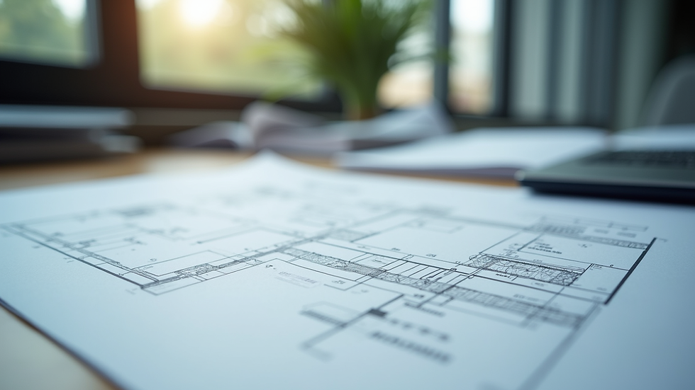 Eye-level view of a modern architectural blueprint on a desk