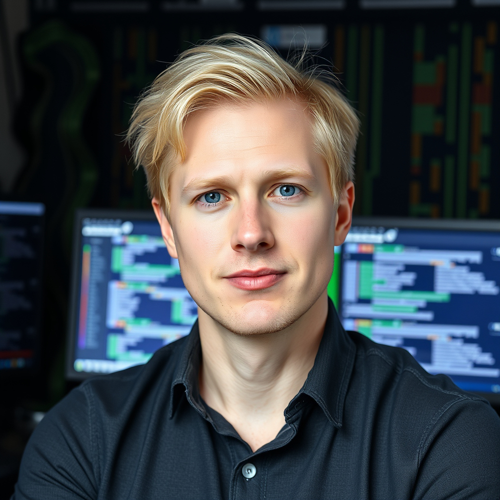A photo of a person as CTO more white skin blond hair with computer background.jpg