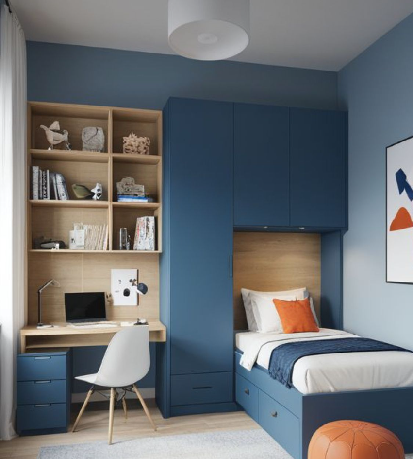 Chambre d'adolescent avec lit intégrant des rangements sous le sommier, rangements muraux ouverts et fermés et bureau