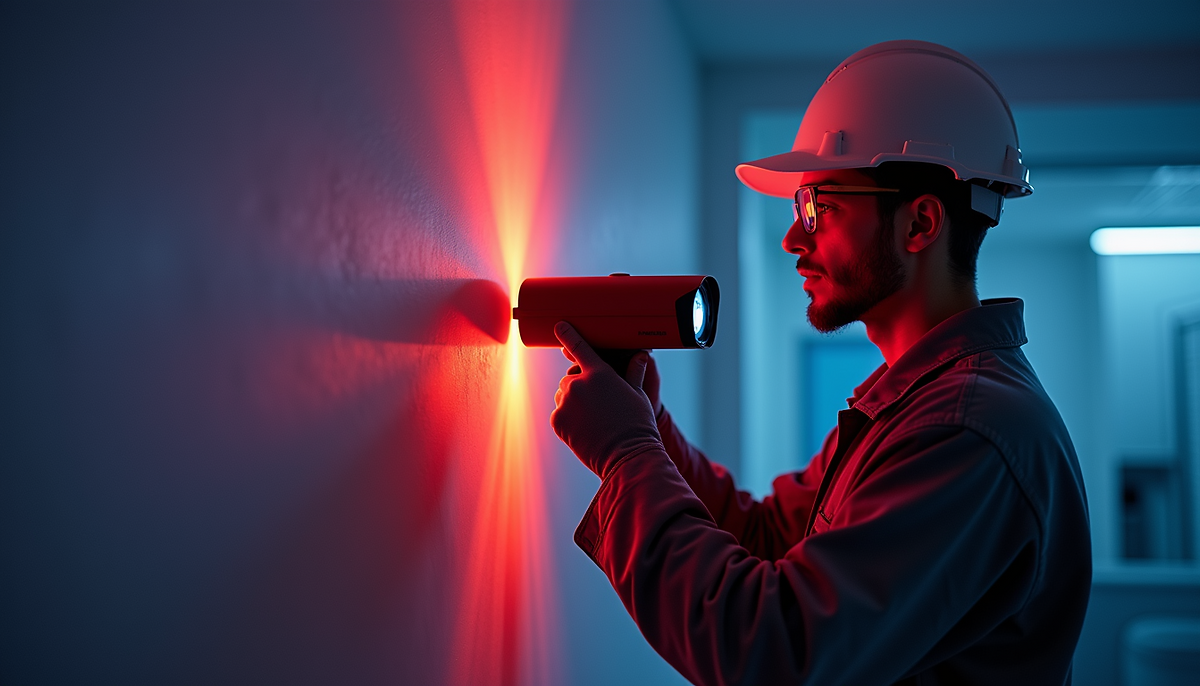 Close-up view of an inspector using an infrared camera on a wall