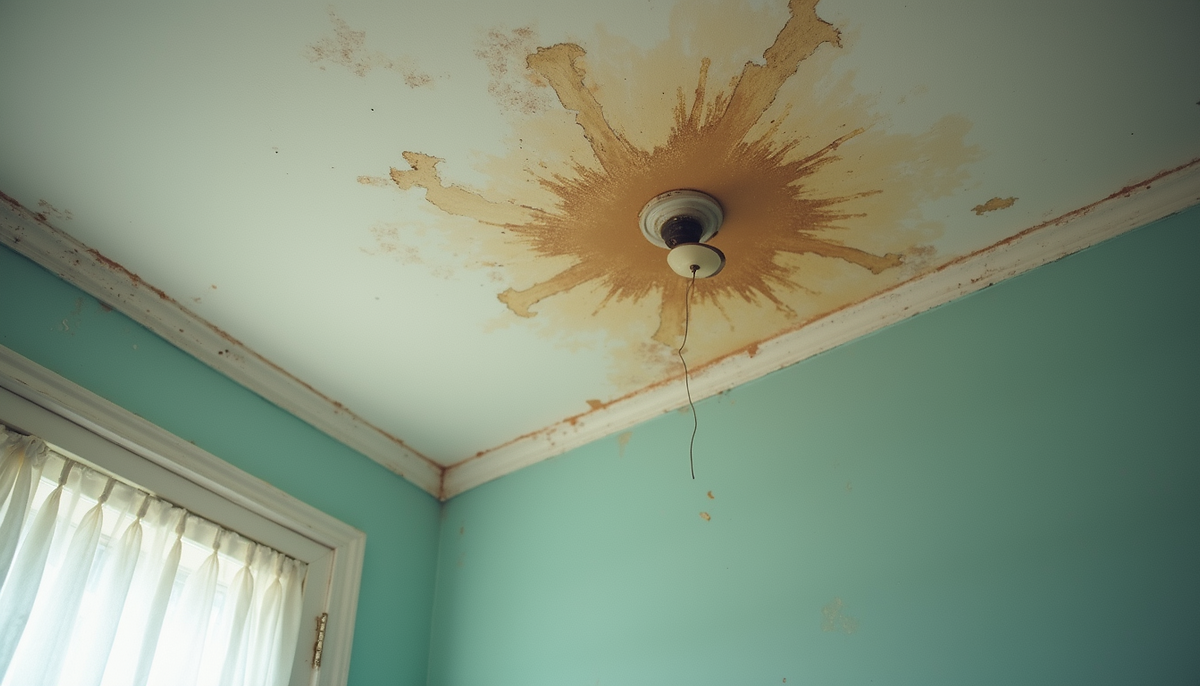 Close-up view of water stain on ceiling with peeling paint