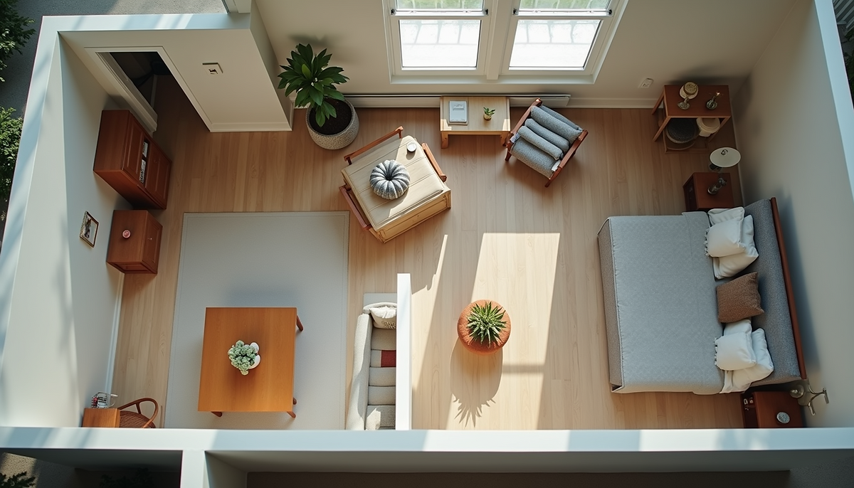 High angle view of a duplex floor plan showing two separate units