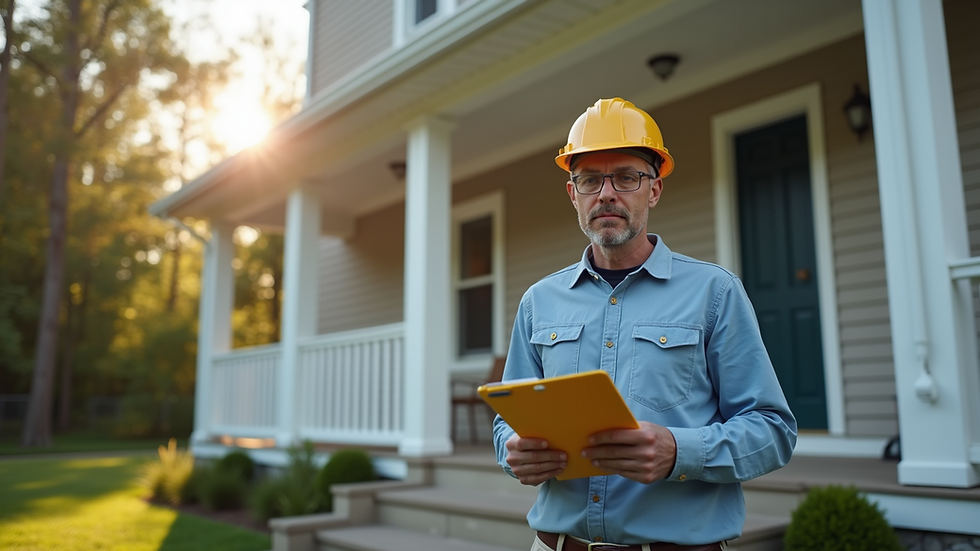 Eye-level view of a home inspector examining a house exterior