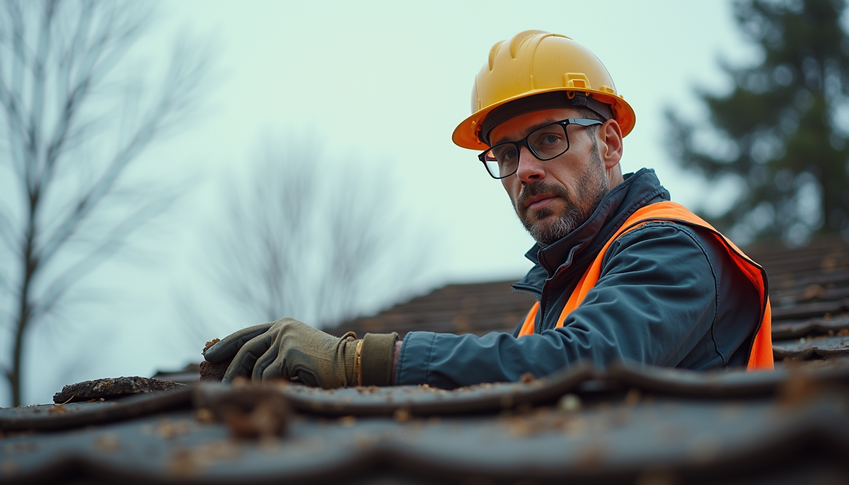 Eye-level view of a home inspector examining a roof