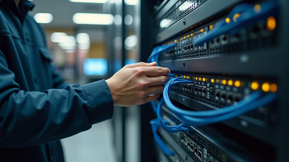 Close-up view of a technician configuring a network router in a small office