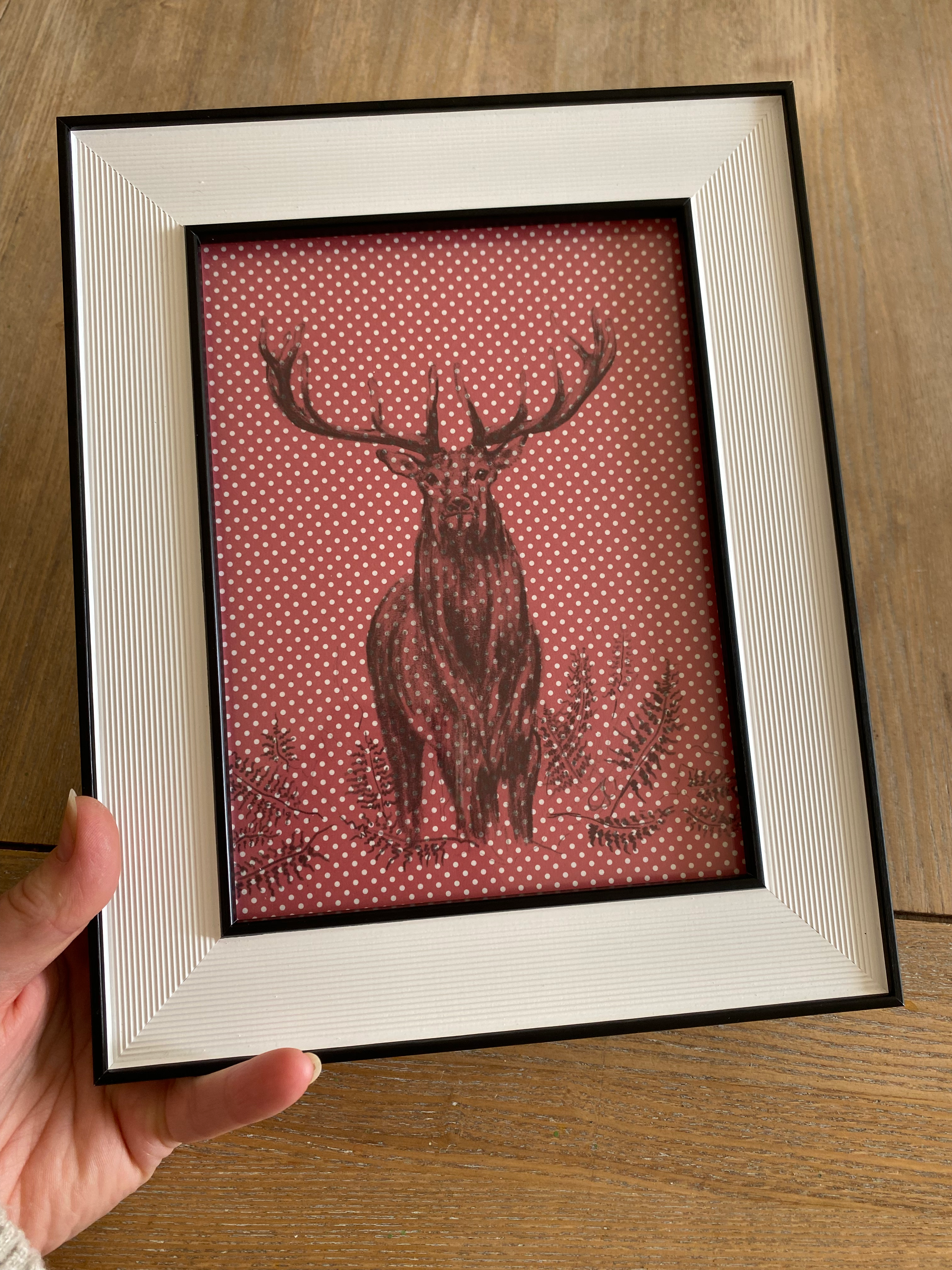 Framed Stag print - red & white spot paper