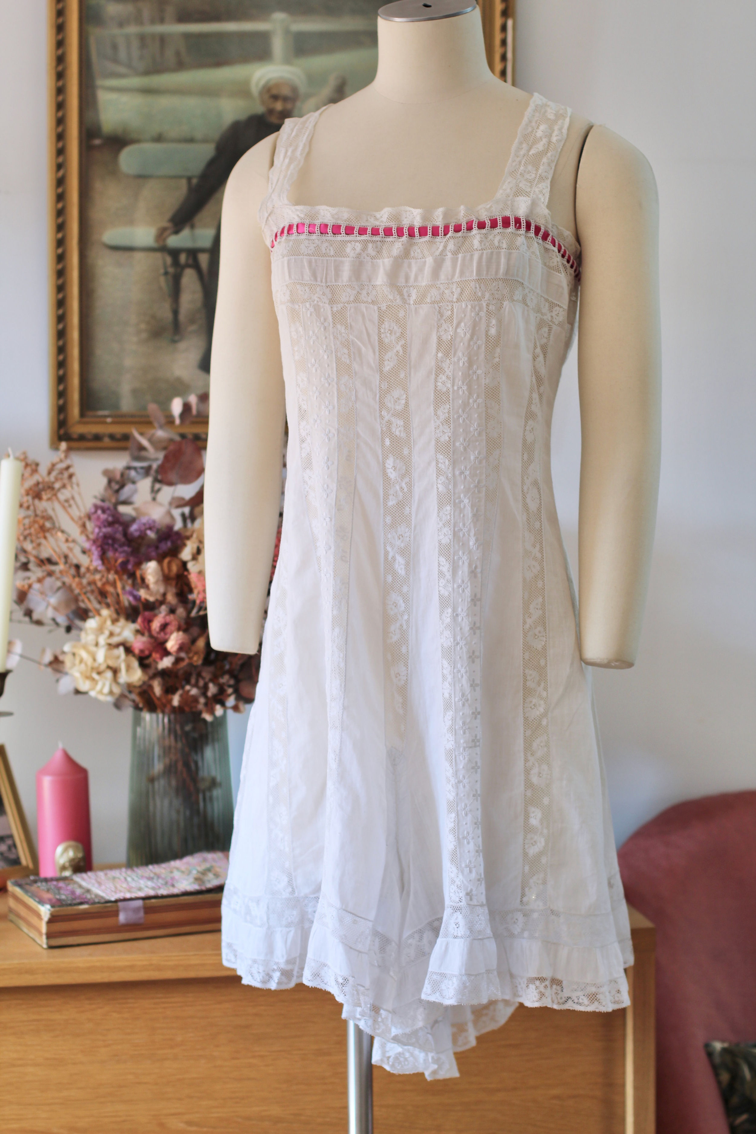 Rare combinaison fermée en coton & dentelle de Valenciennes c.1900 - T.XS/M