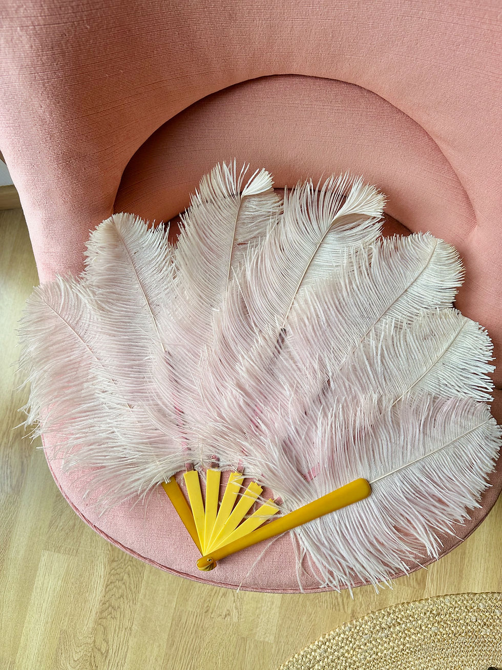 Miniature : Eventail en plumes d'autruche rose poudré c.1920