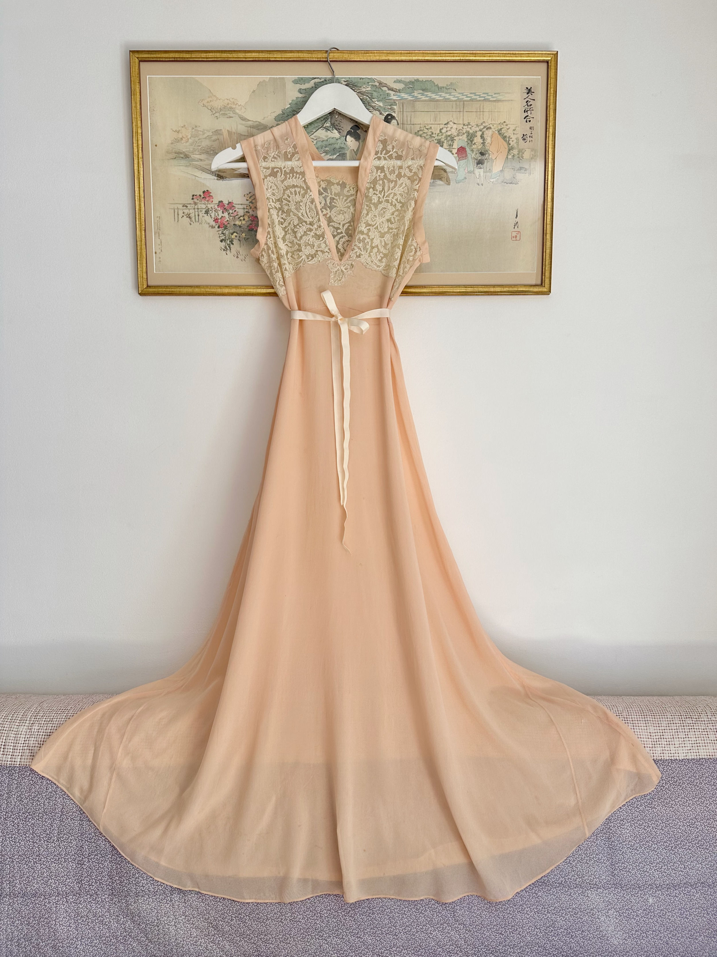 Robe / Nuisette longue en soie & dentelle c.1930 - T.XS