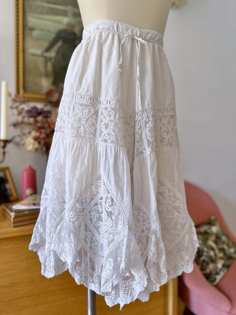 Miniature : Culotte fendue antique coton & dentelle c.1900 - XS/L