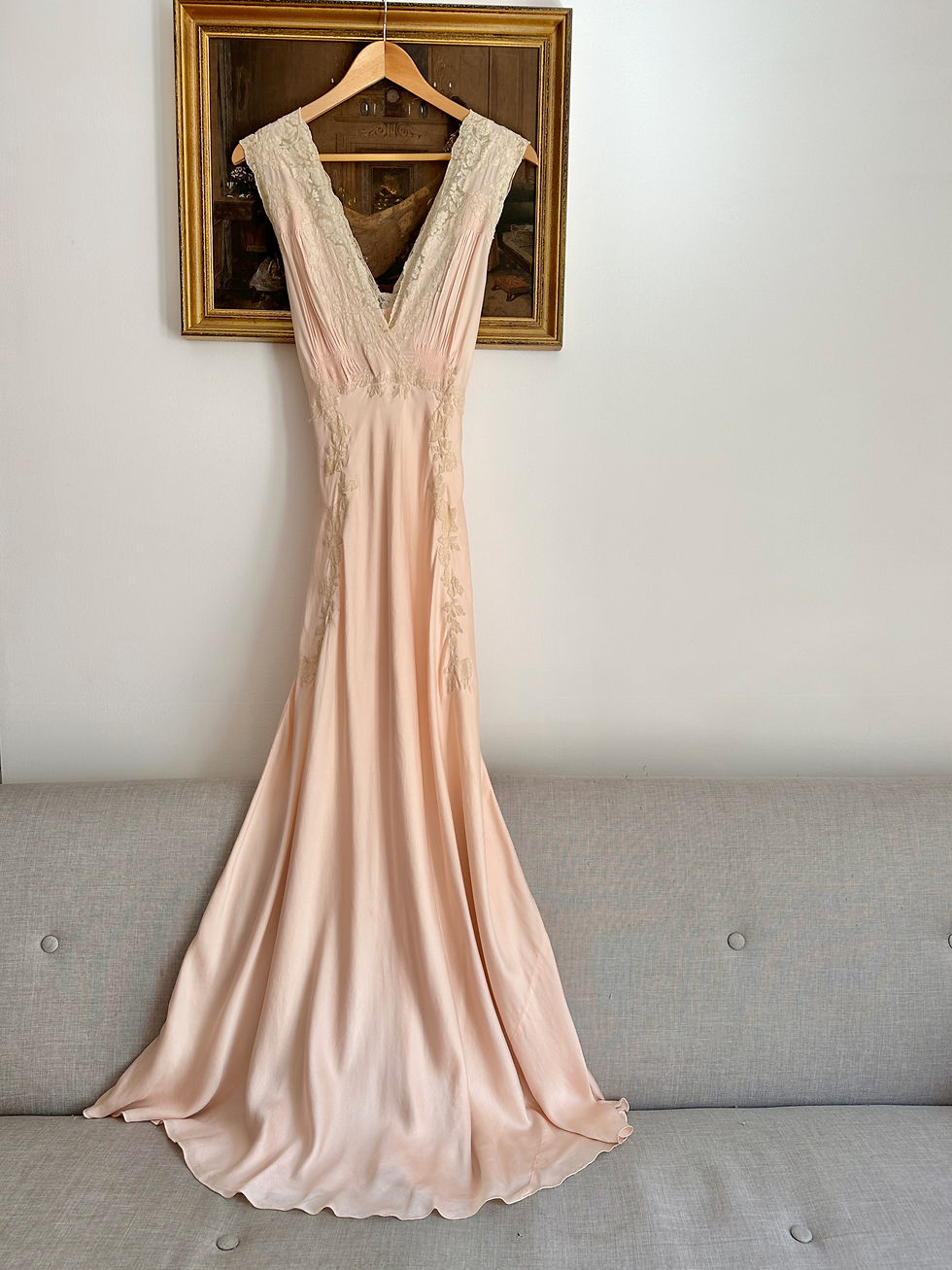 Combinaison longue c.1930 - Satin de soie rose poudré - T.XS/M