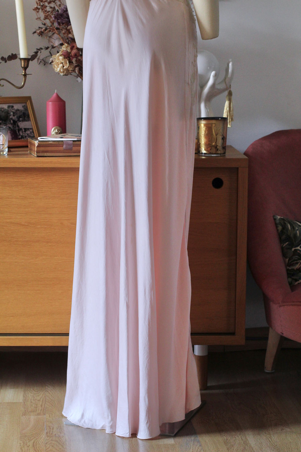Miniature : Combinaison longue c.1930 - Satin de soie rose pastel - T.S/M