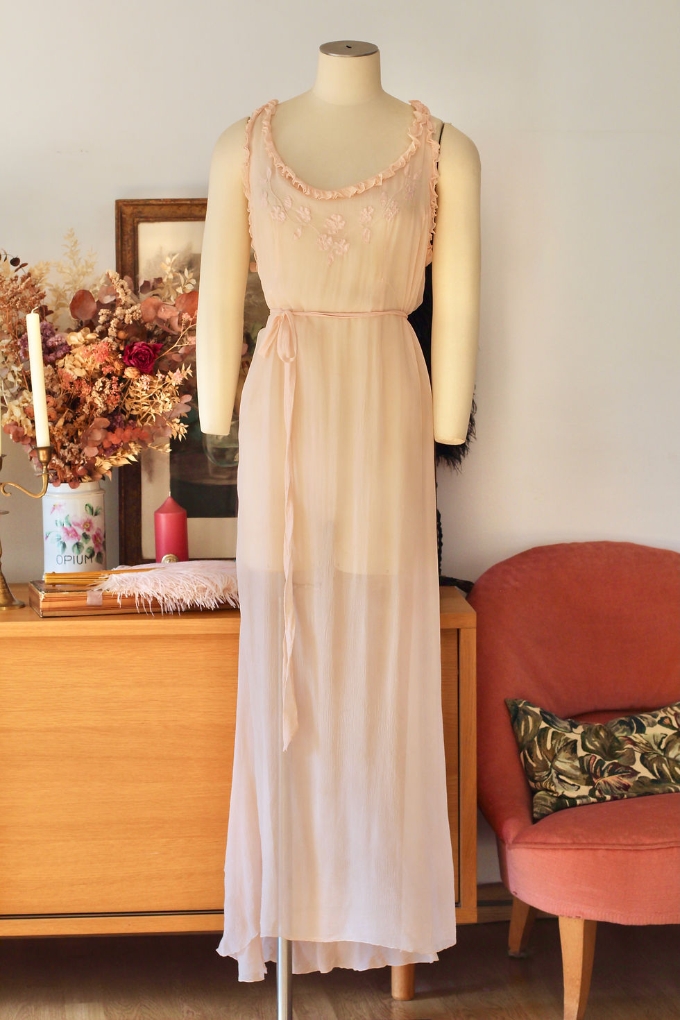 Thumbnail: Robe / Nuisette longue en mousseline de soie & broderies c.1930 - T.M/XL