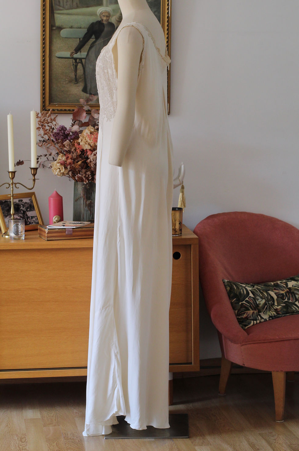 Thumbnail: Combinaison longue c.1930 - Satin de soie ivoire - T.L/XL
