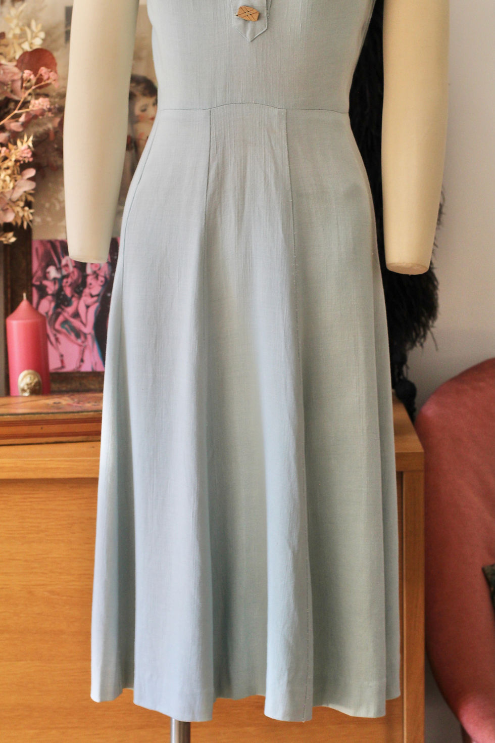 Thumbnail: Robe en lin/coton c.1950 - 50s Baby blue French vintage dress