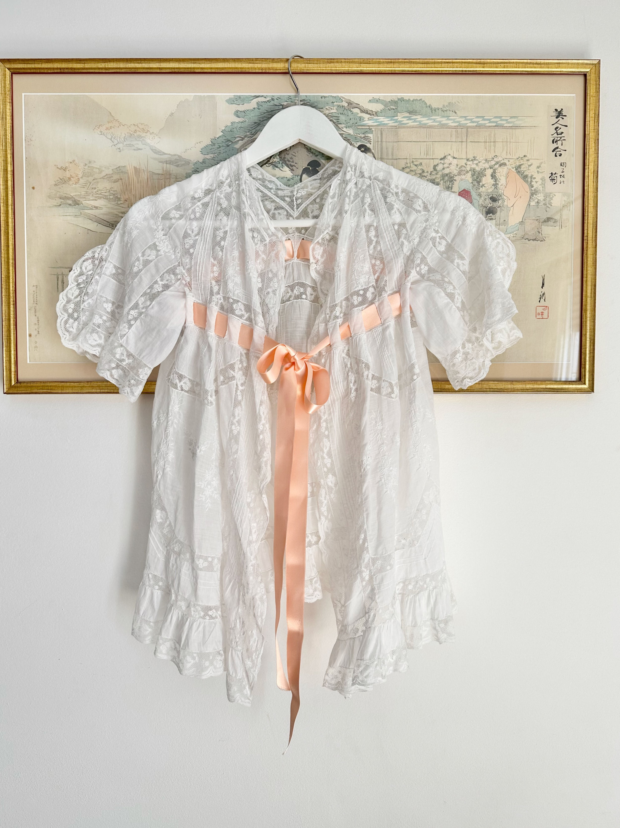 Liseuse en coton, broderies & dentelle c. 1900 - Début XXème - T.XS
